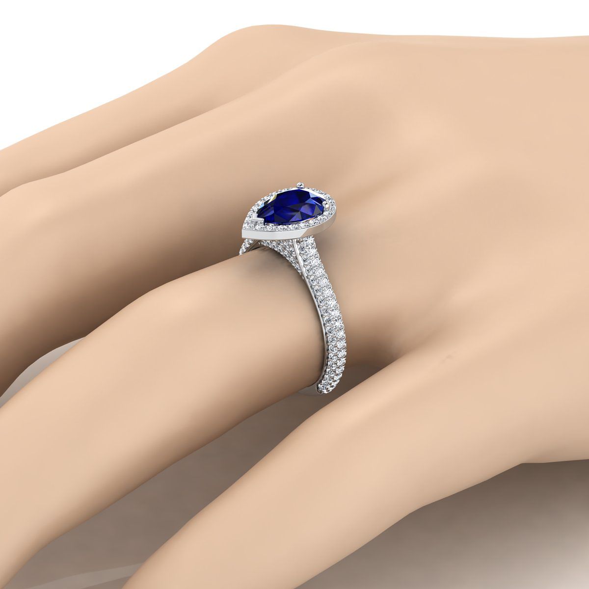 18K White Gold Pear Shape Center Sapphire Micro-Pavé Halo With Pave Side Diamond Engagement Ring -7/8ctw