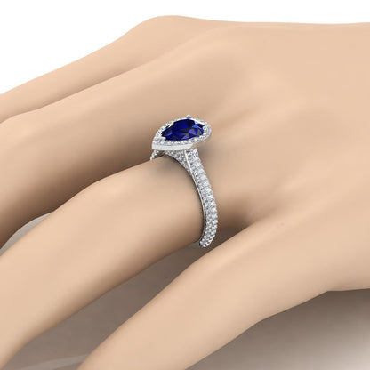 14K White Gold Pear Shape Center Sapphire Micro-Pavé Halo With Pave Side Diamond Engagement Ring -7/8ctw