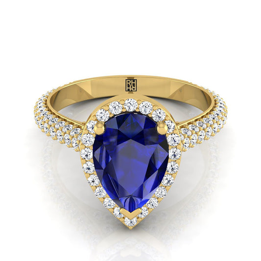 14K Yellow Gold Pear Shape Center Sapphire Micro-Pavé Halo With Pave Side Diamond Engagement Ring -7/8ctw