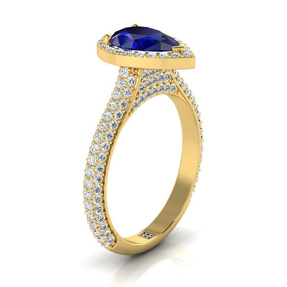 14K Yellow Gold Pear Shape Center Sapphire Micro-Pavé Halo With Pave Side Diamond Engagement Ring -7/8ctw