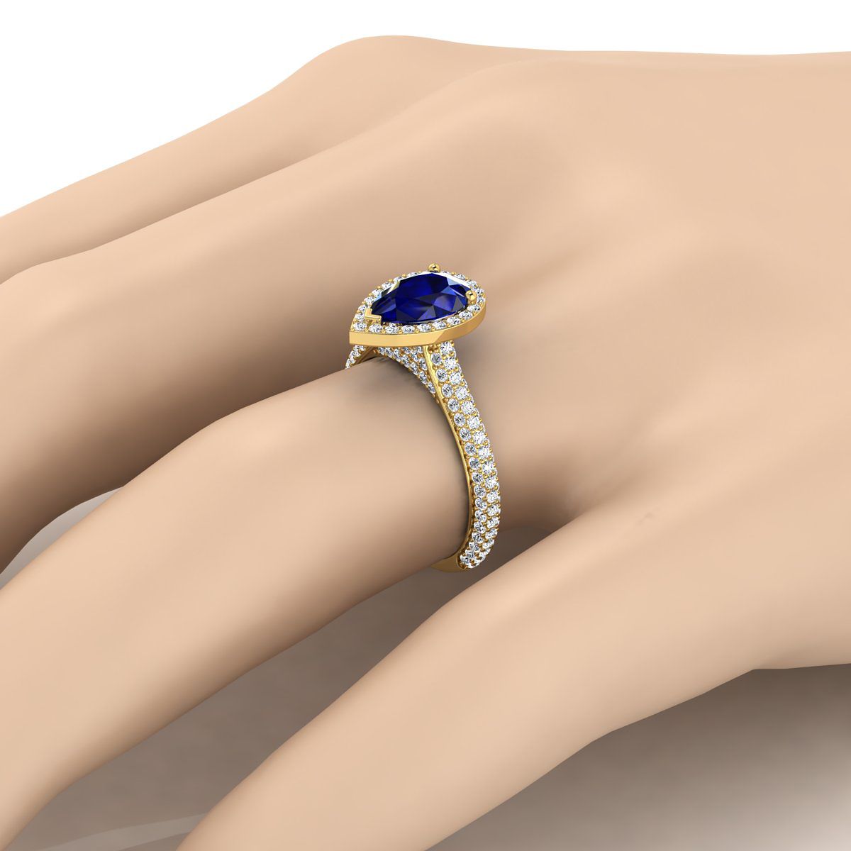 14K Yellow Gold Pear Shape Center Sapphire Micro-Pavé Halo With Pave Side Diamond Engagement Ring -7/8ctw