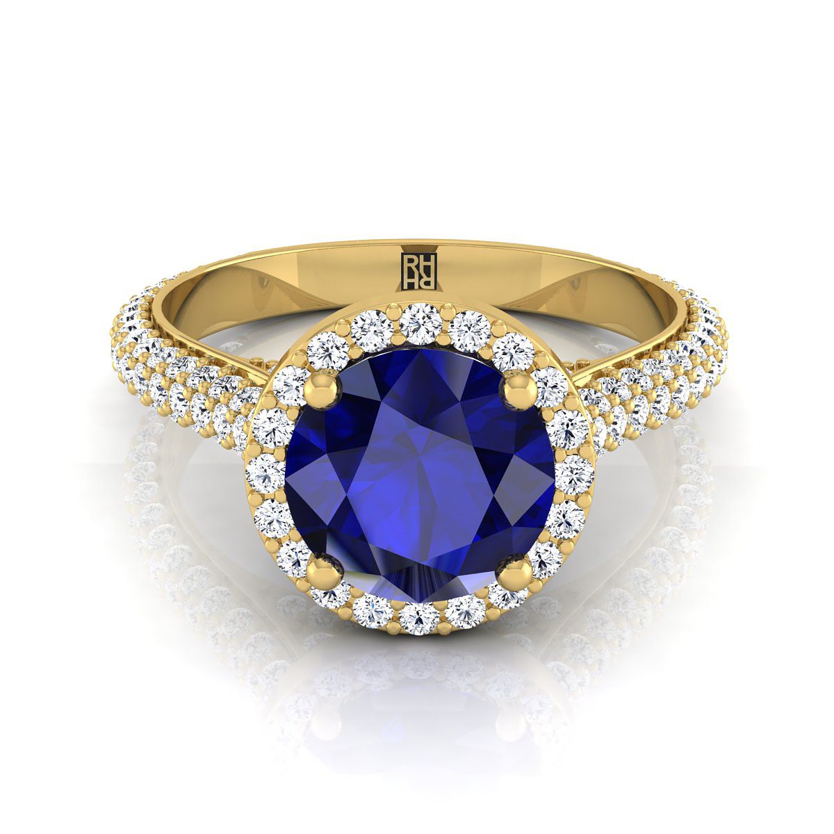 18K Yellow Gold Round Brilliant Sapphire Micro-Pavé Halo With Pave Side Diamond Engagement Ring -7/8ctw