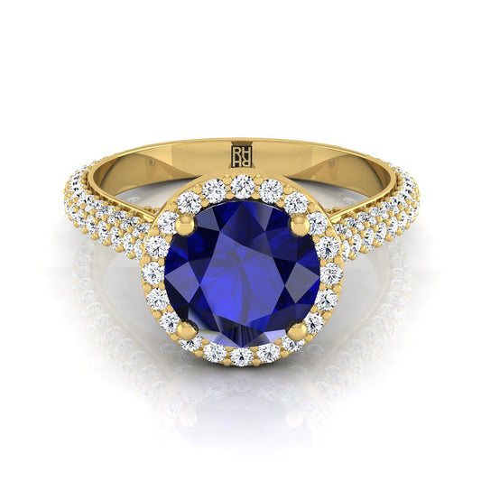 18K Yellow Gold Round Brilliant Sapphire Micro-Pavé Halo With Pave Side Diamond Engagement Ring -7/8ctw