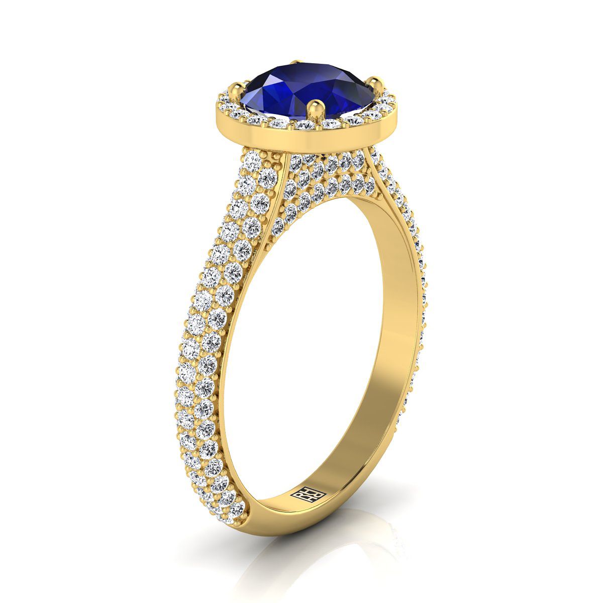 14K Yellow Gold Round Brilliant Sapphire Micro-Pavé Halo With Pave Side Diamond Engagement Ring -7/8ctw