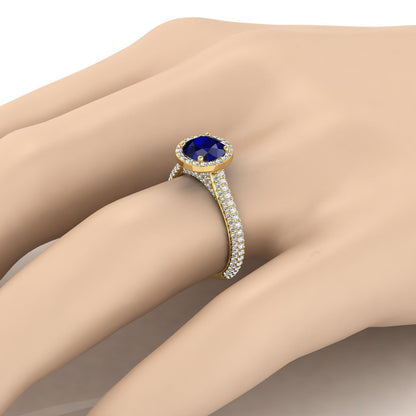 14K Yellow Gold Round Brilliant Sapphire Micro-Pavé Halo With Pave Side Diamond Engagement Ring -7/8ctw