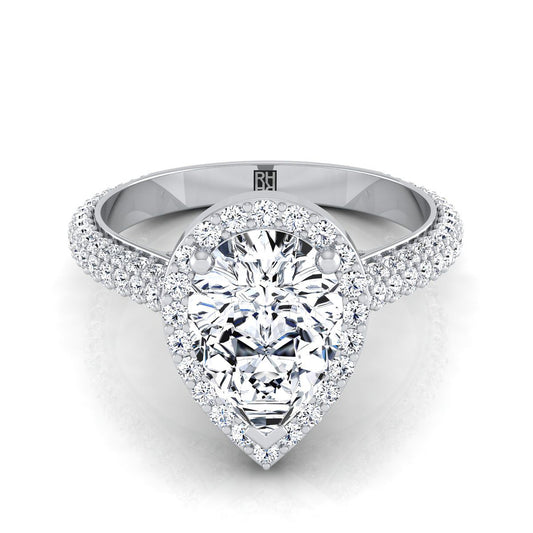 18K White Gold Pear Shape Center Diamond Micro-Pavé Halo Engagement Ring -7/8ctw