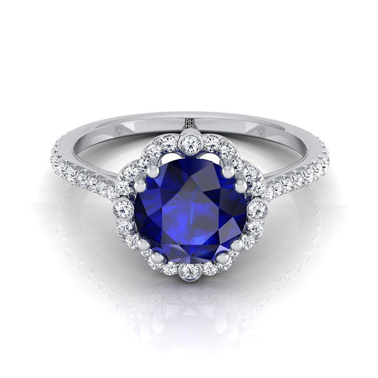 Platinum Round Brilliant Sapphire Ornate Diamond Halo Vintage Inspired Engagement Ring -1/4ctw
