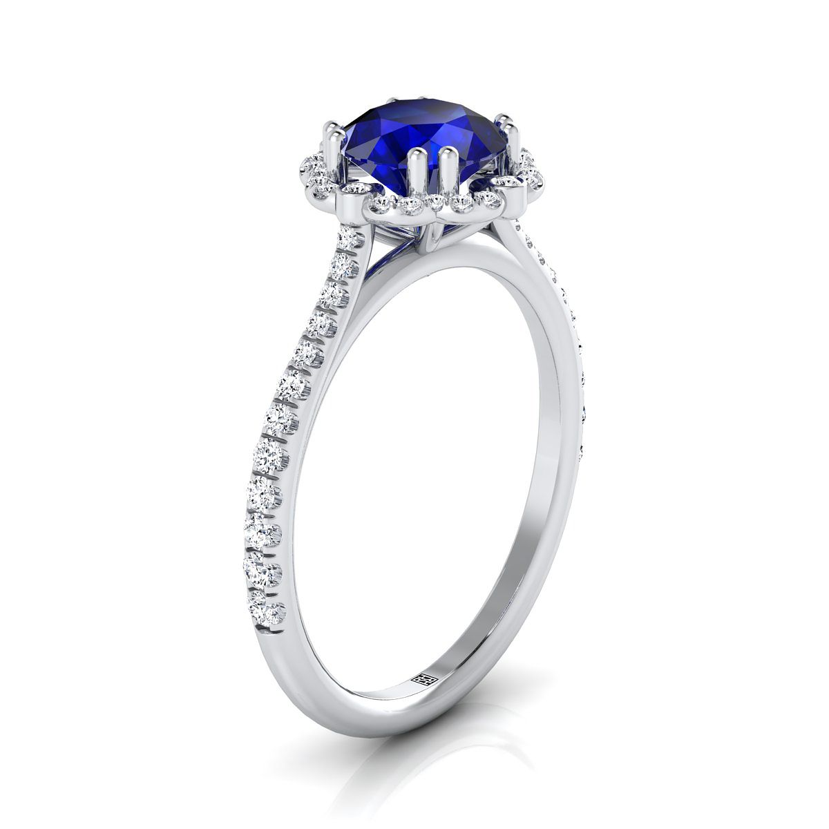 14K White Gold Round Brilliant Sapphire Ornate Diamond Halo Vintage Inspired Engagement Ring -1/4ctw