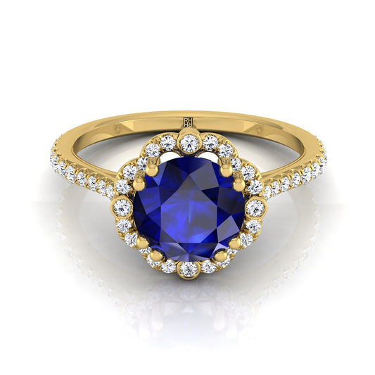 14K Yellow Gold Round Brilliant Sapphire Ornate Diamond Halo Vintage Inspired Engagement Ring -1/4ctw