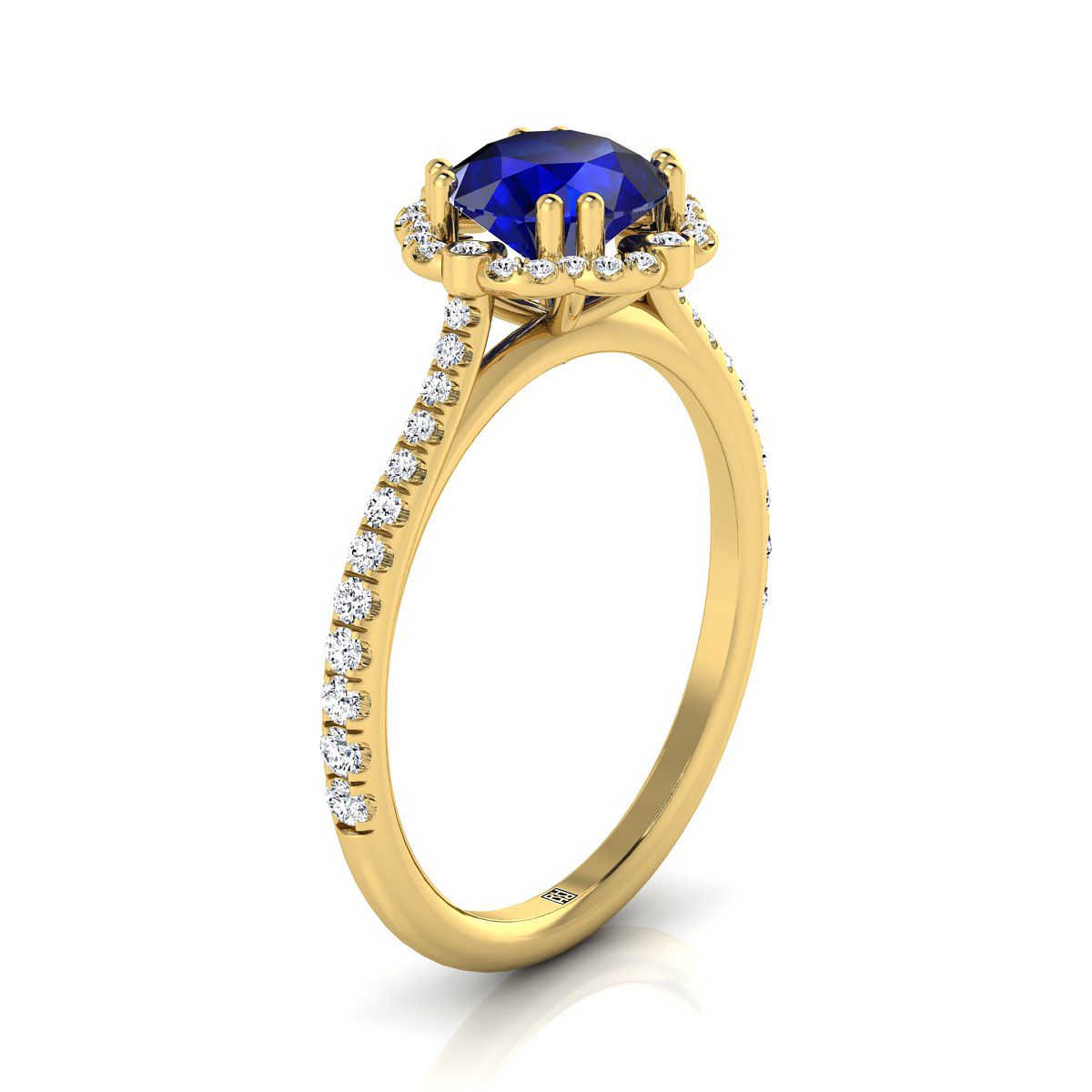 14K Yellow Gold Round Brilliant Sapphire Ornate Diamond Halo Vintage Inspired Engagement Ring -1/4ctw