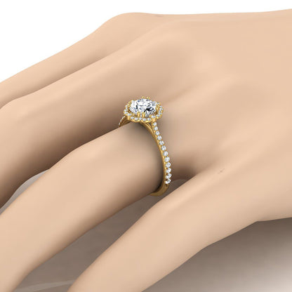 18K Yellow Gold Round Brilliant Swiss Blue Topaz Ornate Diamond Halo Vintage Inspired Engagement Ring -1/4ctw