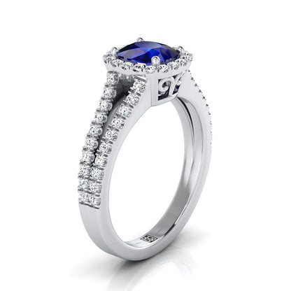 14K White Gold Cushion Sapphire Halo Center with French Pave Split Shank Engagement Ring -3/8ctw