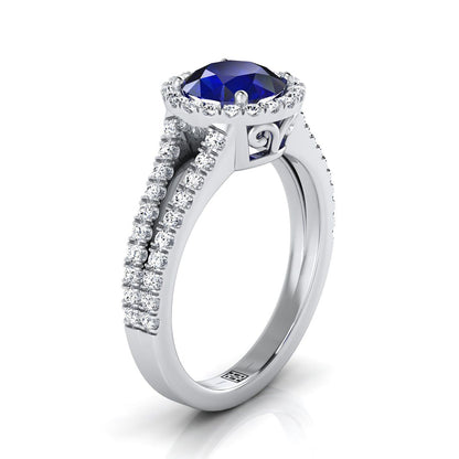 14K White Gold Round Brilliant Sapphire Halo Center with French Pave Split Shank Engagement Ring -3/8ctw