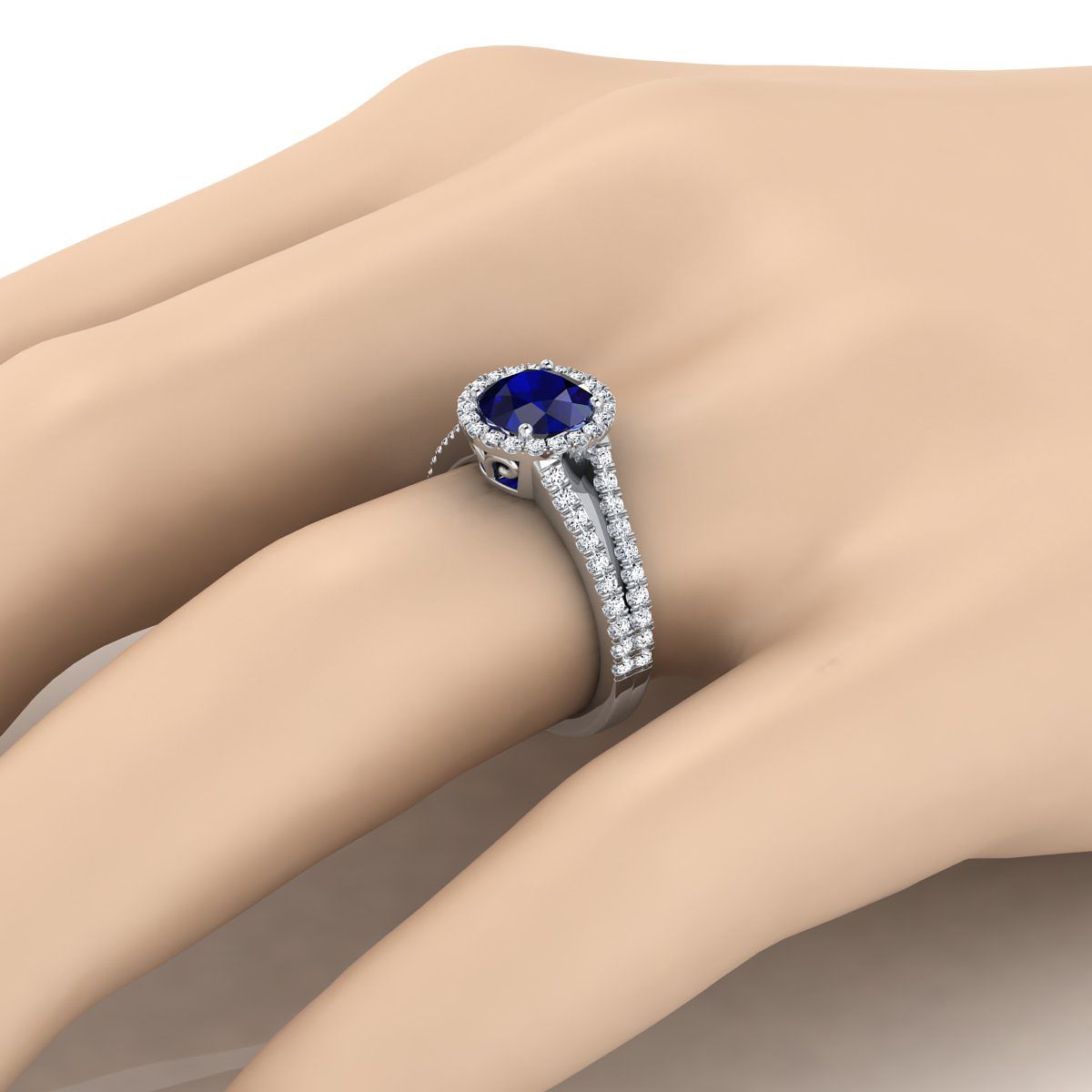 18K White Gold Round Brilliant Sapphire Halo Center with French Pave Split Shank Engagement Ring -3/8ctw
