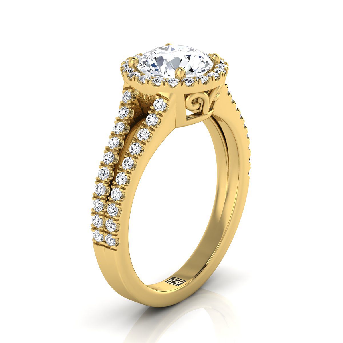 18K Yellow Gold Round Brilliant Diamond Halo Center with French Pave Split Shank Engagement Ring -3/8ctw