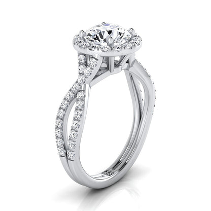 14K White Gold Round Brilliant Aquamarine  Twisted Scalloped Pavé Diamonds Halo Engagement Ring -1/2ctw