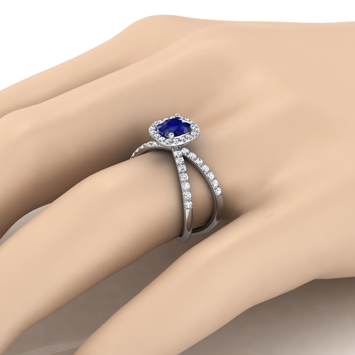14K White Gold Cushion Sapphire Open Criss Cross French Pave Diamond Engagement Ring -1/2ctw