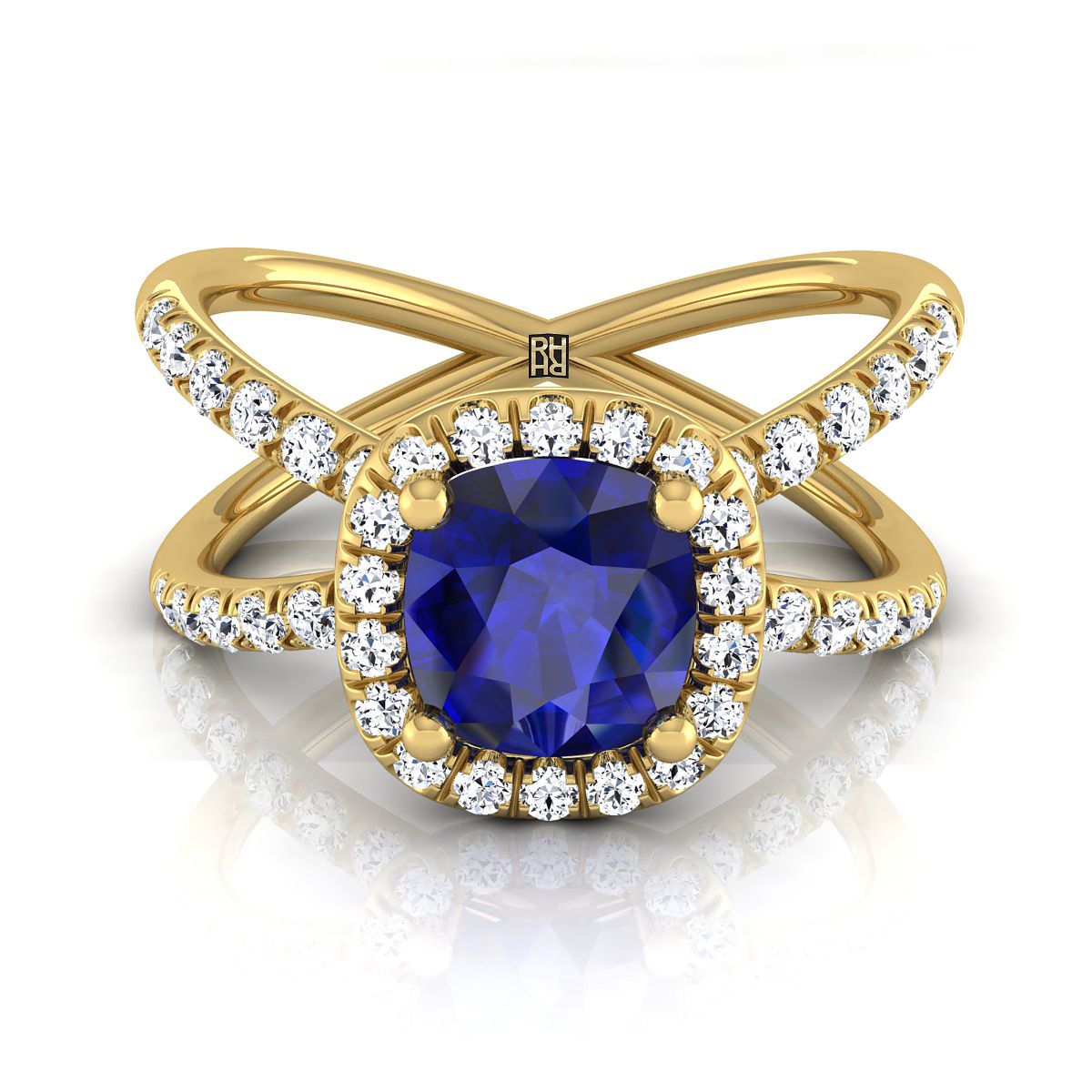 14K Yellow Gold Cushion Sapphire Open Criss Cross French Pave Diamond Engagement Ring -1/2ctw