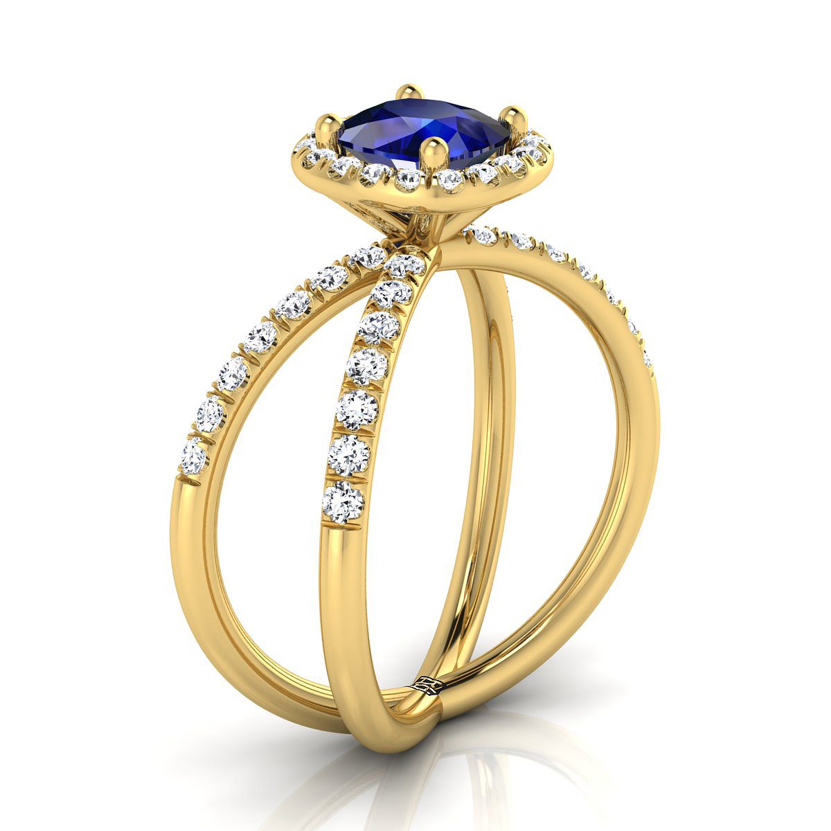 14K Yellow Gold Cushion Sapphire Open Criss Cross French Pave Diamond Engagement Ring -1/2ctw