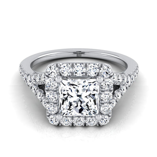 18K White Gold Princess Cut Diamond Simple Prong Halo Split Shank Engagement Ring -1/2ctw