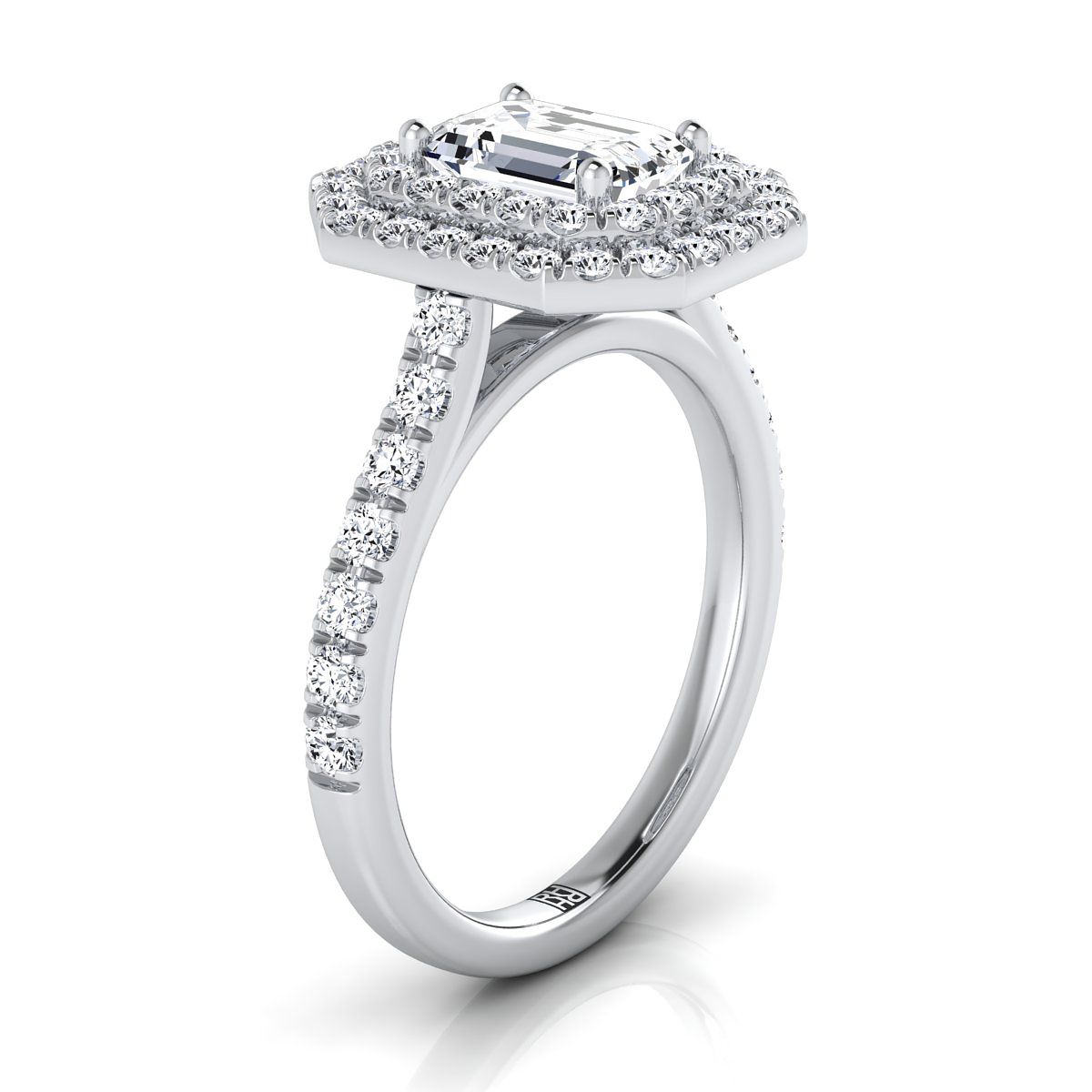 Platinum Emerald Cut Double Pave Halo with Linear Diamond Engagement Ring -7/8ctw