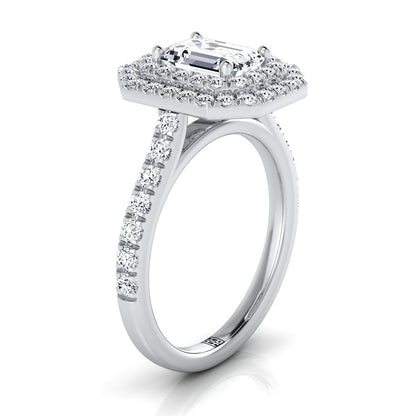 18K White Gold Emerald Cut Double Pave Halo with Linear Diamond Engagement Ring -7/8ctw