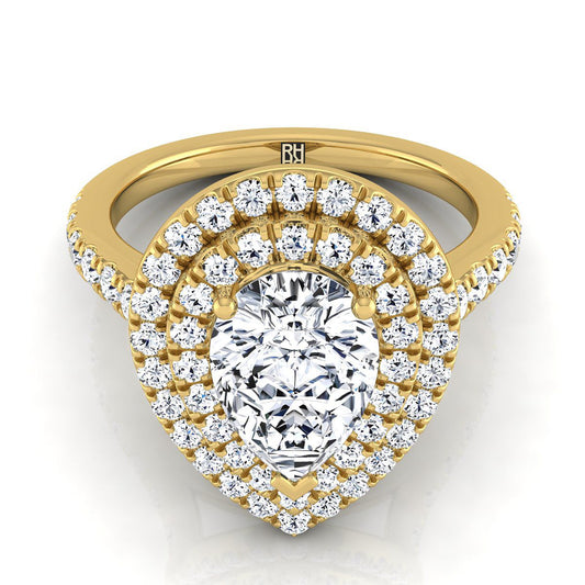 18K Yellow Gold Pear Shape Center Double Pave Halo with Linear Diamond Engagement Ring -7/8ctw
