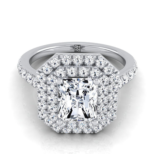 18K White Gold Radiant Cut Center Double Pave Halo with Linear Diamond Engagement Ring -7/8ctw