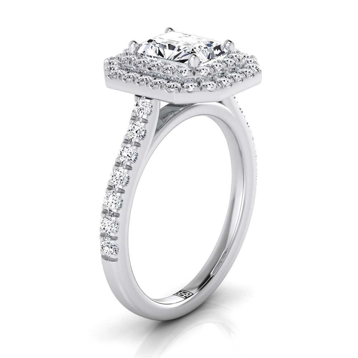 Platinum Radiant Cut Center Double Pave Halo with Linear Diamond Engagement Ring -7/8ctw