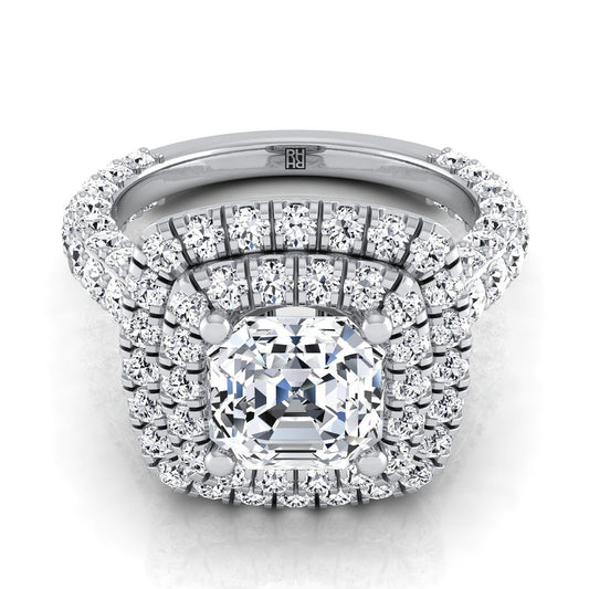 Platinum Asscher Cut Diamond Bold and Fancy Double Halo French Pave Engagement Ring -2ctw