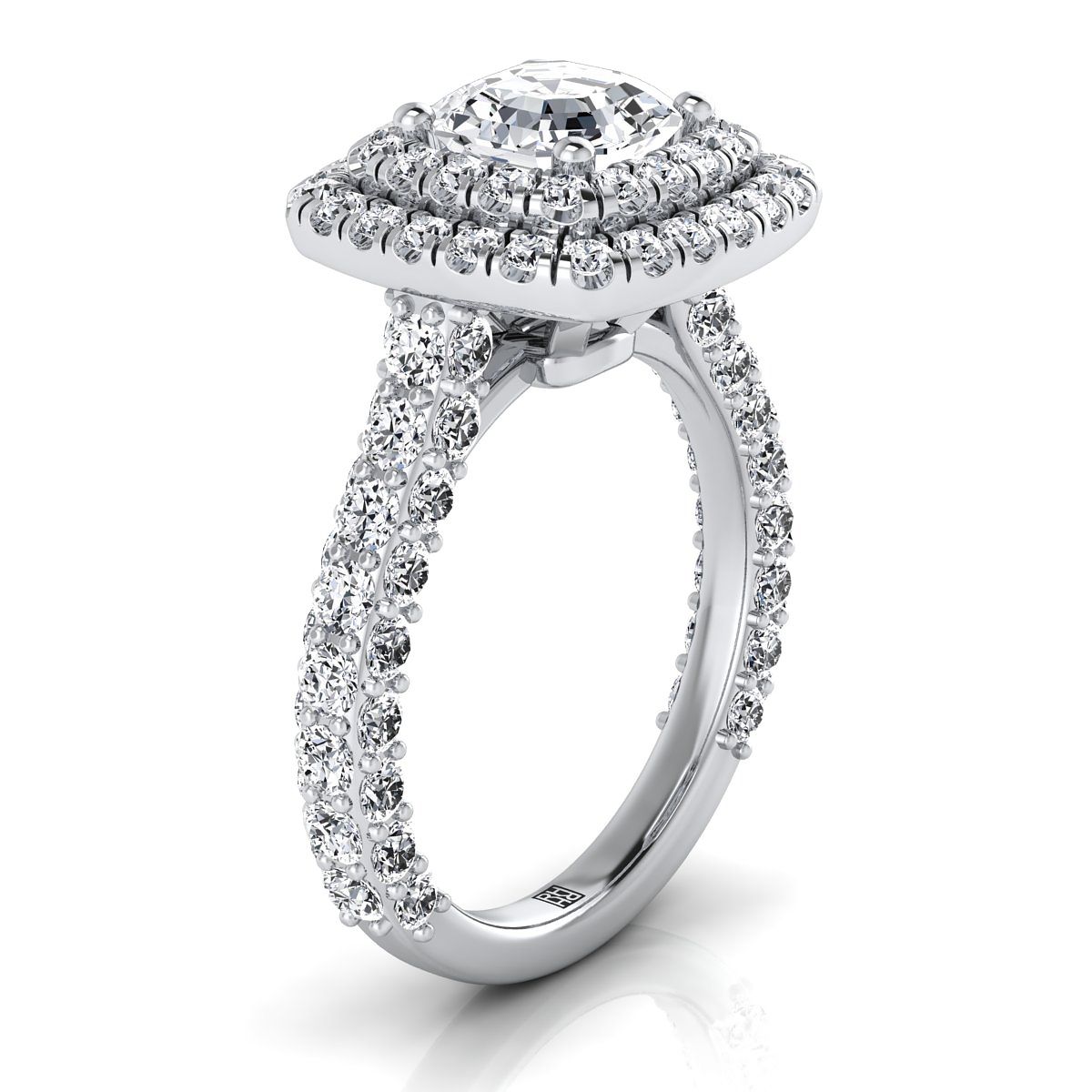 Platinum Asscher Cut Diamond Bold and Fancy Double Halo French Pave Engagement Ring -2ctw