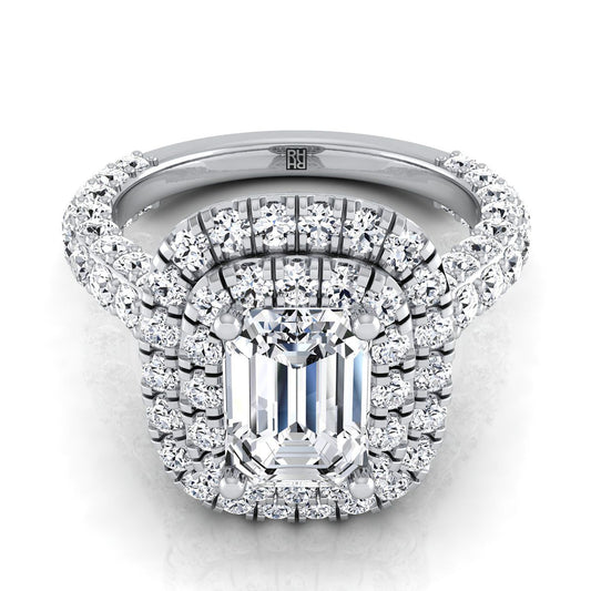 14K White Gold Emerald Cut Diamond Bold and Fancy Double Halo French Pave Engagement Ring -2ctw