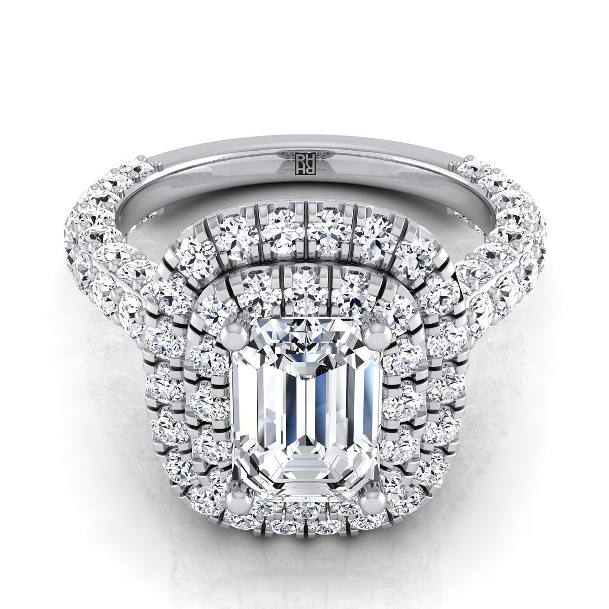 Platinum Emerald Cut Diamond Bold and Fancy Double Halo French Pave Engagement Ring -2ctw
