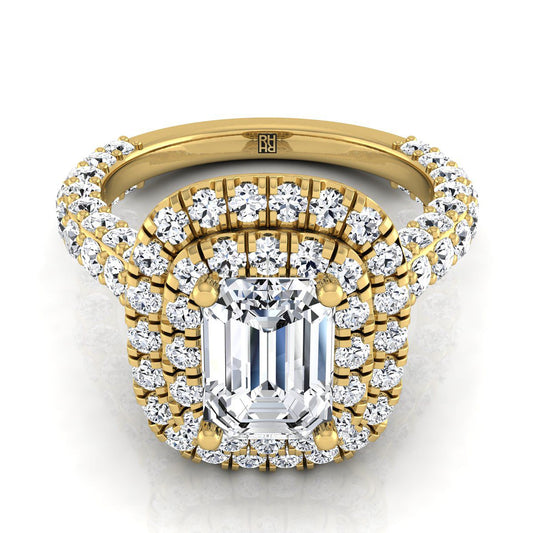 18K Yellow Gold Emerald Cut Diamond Bold and Fancy Double Halo French Pave Engagement Ring -2ctw