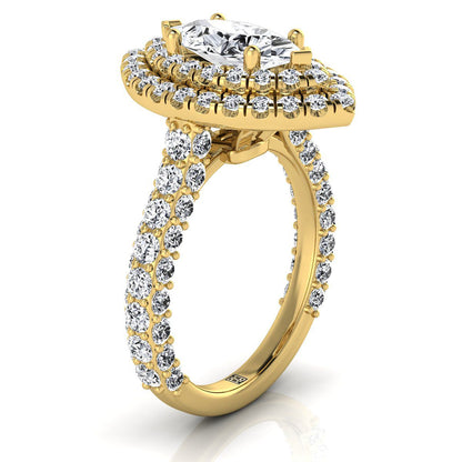 18K Yellow Gold Marquise  Diamond Bold and Fancy Double Halo French Pave Engagement Ring -2ctw