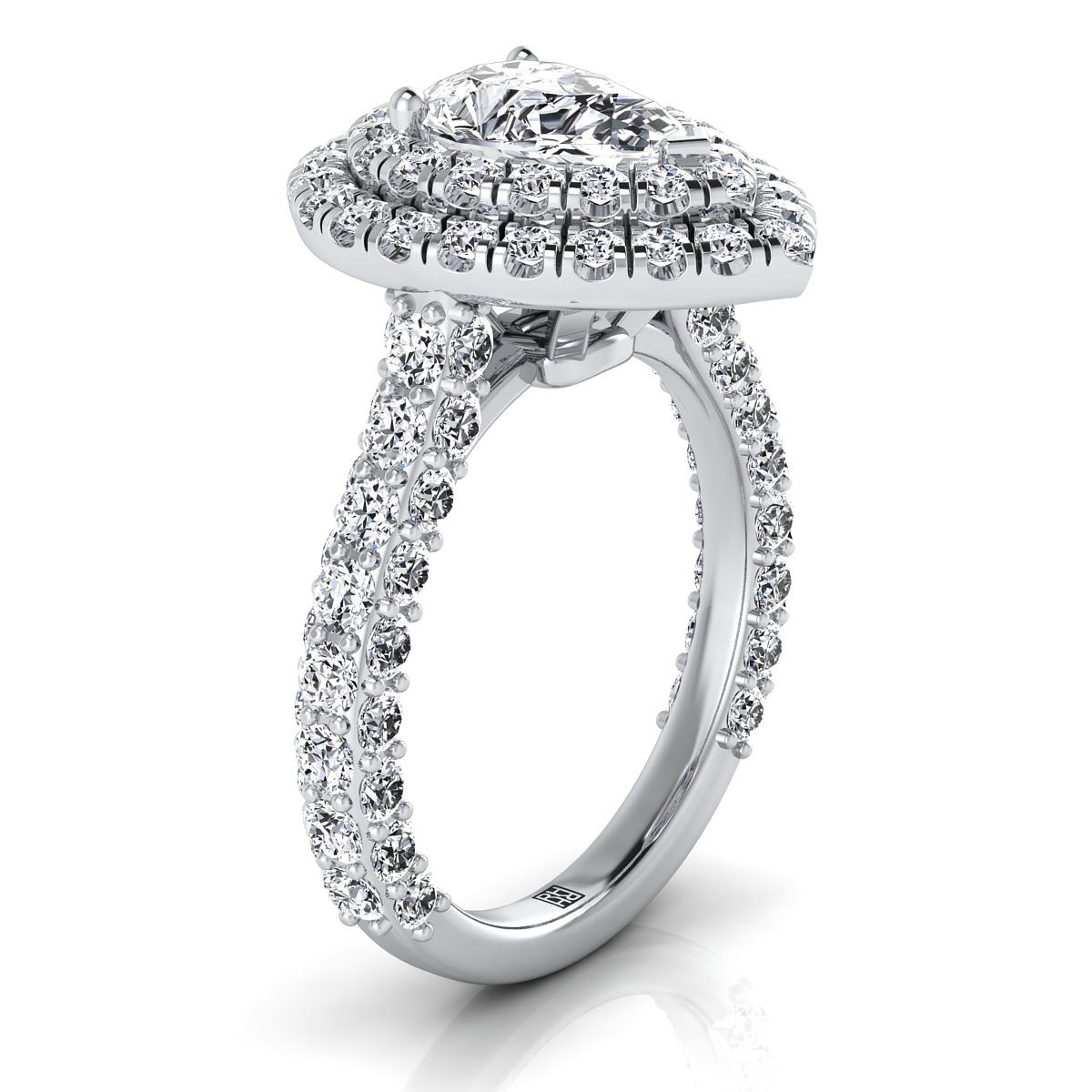 Platinum Pear Shape Center Diamond Bold and Fancy Double Halo French Pave Engagement Ring -2ctw