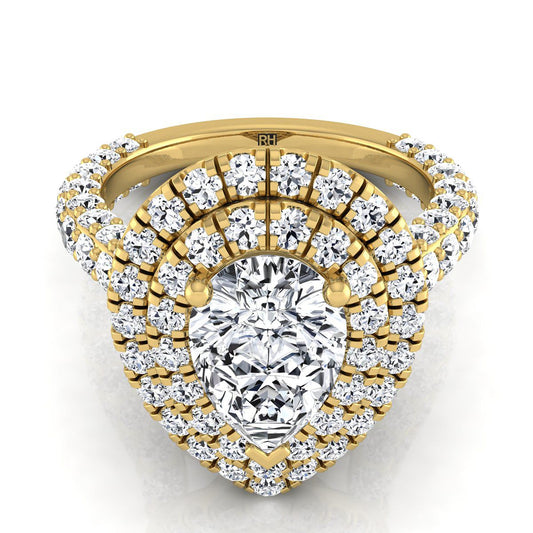 18K Yellow Gold Pear Shape Center Diamond Bold and Fancy Double Halo French Pave Engagement Ring -2ctw
