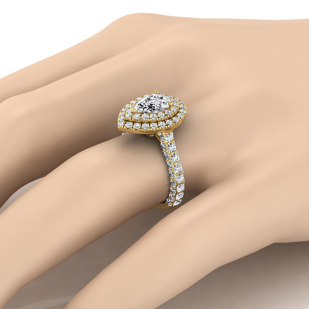 18K Yellow Gold Pear Shape Center Diamond Bold and Fancy Double Halo French Pave Engagement Ring -2ctw
