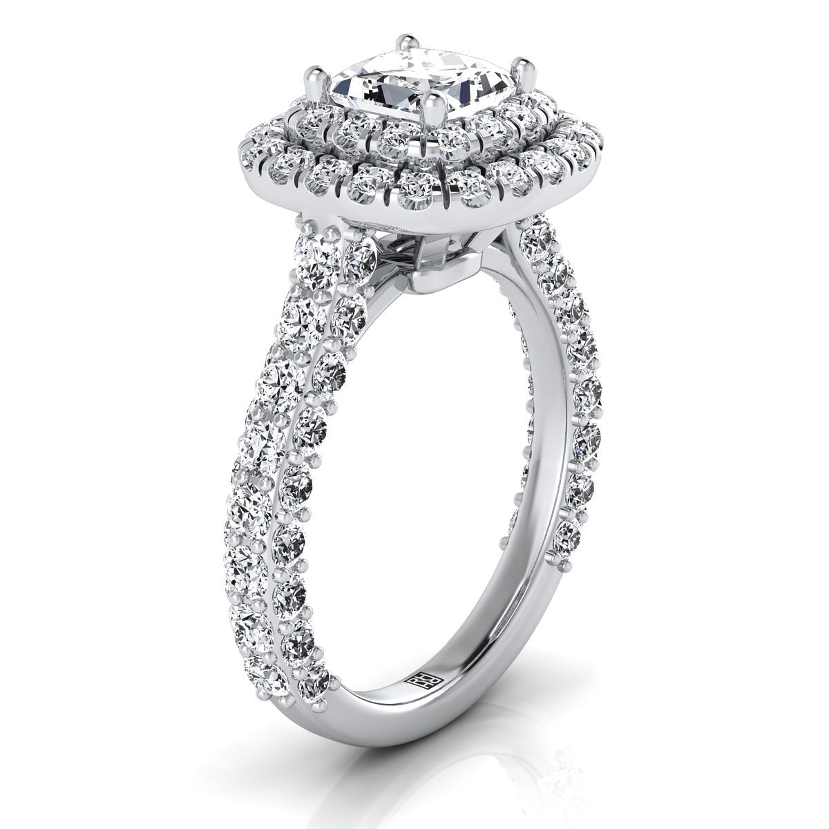 Platinum Princess Cut Diamond Bold and Fancy Double Halo French Pave Engagement Ring -2ctw