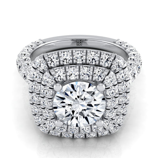 14K White Gold Round Brilliant Diamond Bold and Fancy Double Halo French Pave Engagement Ring -2ctw