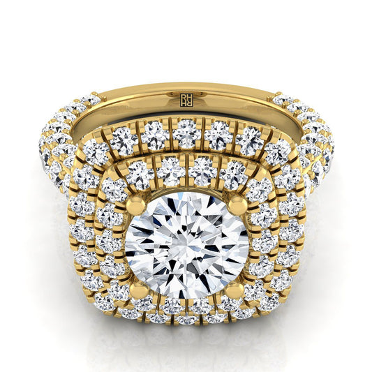 14K Yellow Gold Round Brilliant Diamond Bold and Fancy Double Halo French Pave Engagement Ring -2ctw