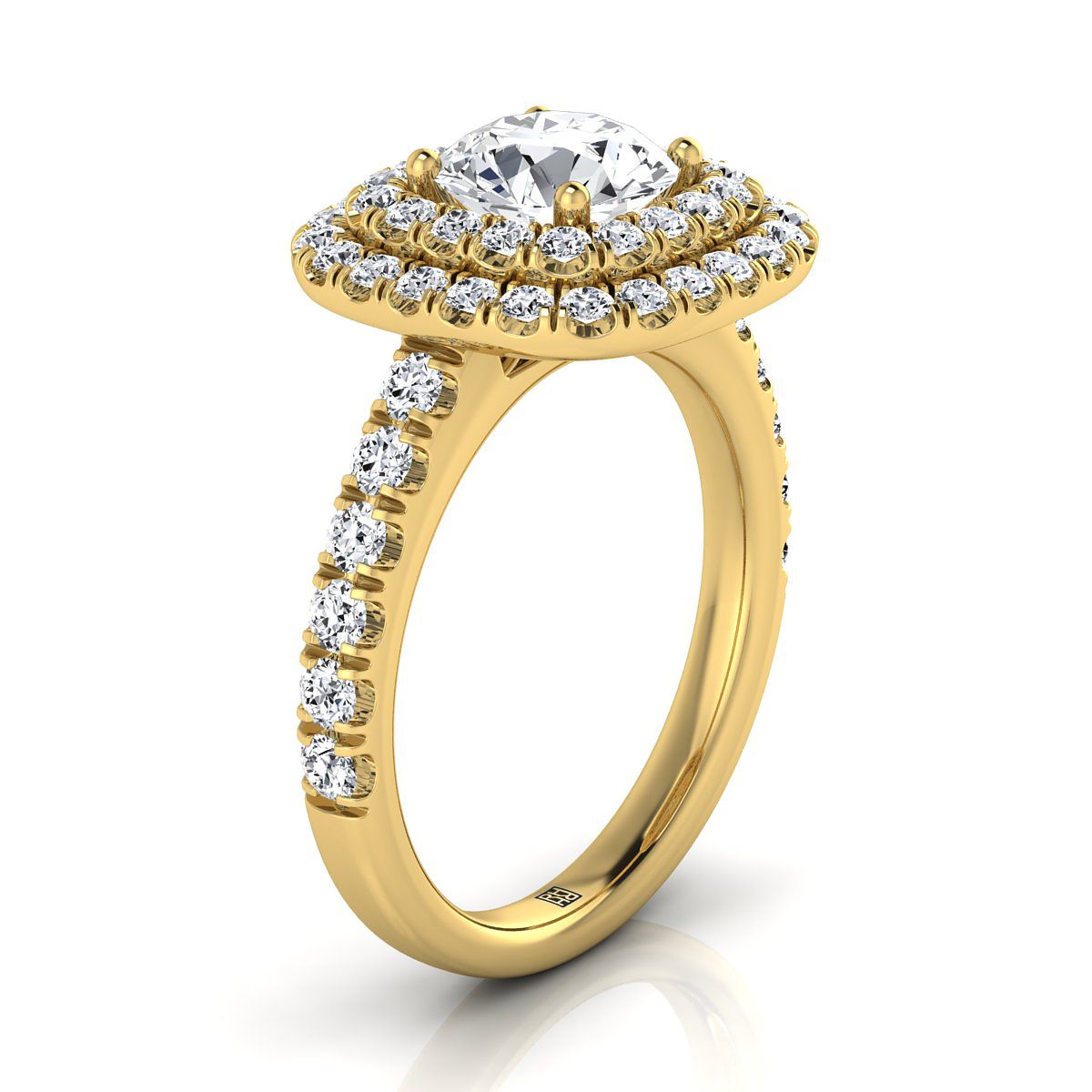 18K Yellow Gold Round Brilliant Diamond Double Halo French Pave Engagement Ring -1.00ctw