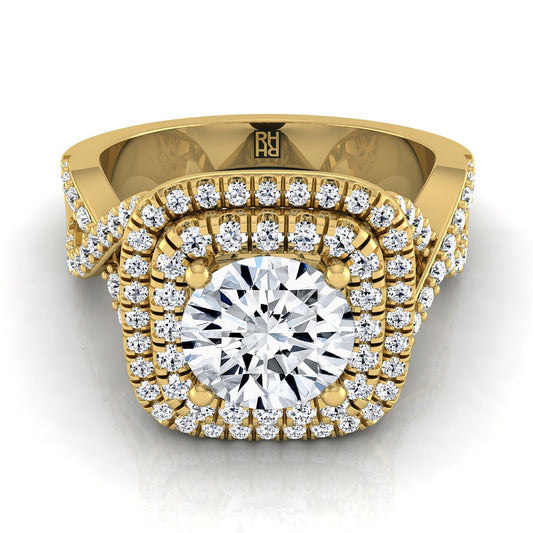 14K Yellow Gold Round Brilliant Diamond Twist French Pave Double Halo Diamond Engagement Ring -5/8ctw