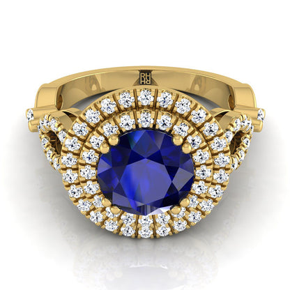 14K Yellow Gold Round Brilliant Sapphire Scalloped Pavé Open Side Double Halo Diamond Engagement Ring -1/2ctw