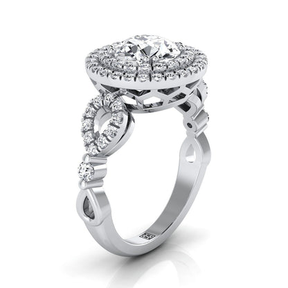 14K White Gold Round Brilliant Diamond Scalloped Pavé Open Side Double Halo Diamond Engagement Ring -1/2ctw