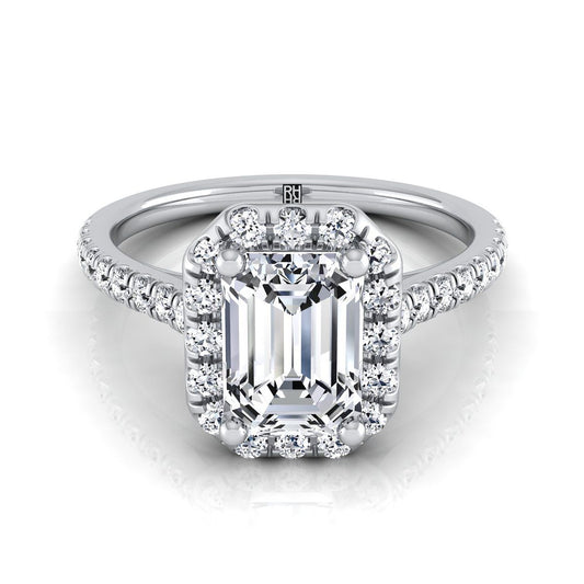 14K White Gold Emerald Cut Classic French Pave Halo and Linear Engagement Ring -3/8ctw