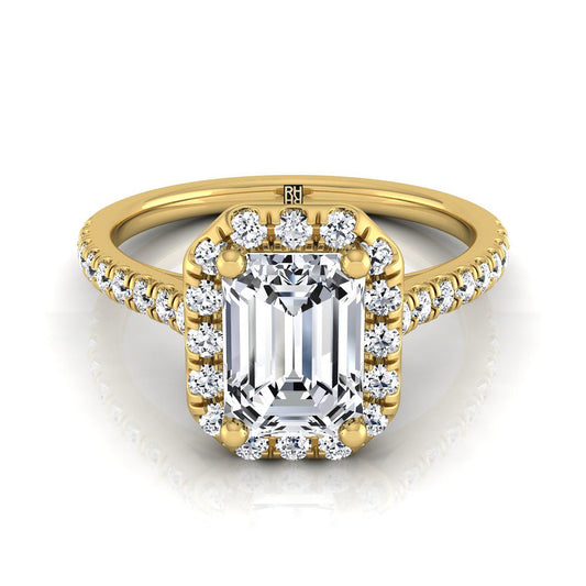 18K Yellow Gold Emerald Cut Classic French Pave Halo and Linear Engagement Ring -3/8ctw