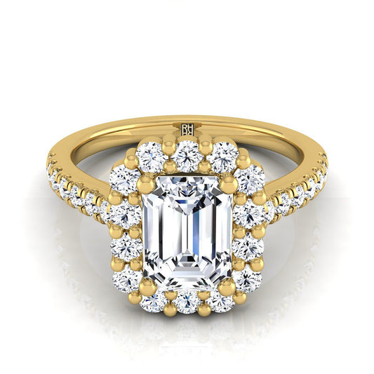 18K Yellow Gold Emerald Cut Diamond Shared Prong Halo Engagement Ring -5/8ctw