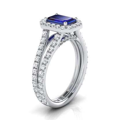 14K White Gold Emerald Cut Sapphire Halo Two Row Pavé Diamond Split Shank Engagement Ring -7/8ctw
