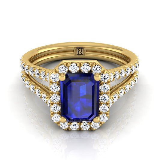 14K Yellow Gold Emerald Cut Sapphire Halo Two Row Pavé Diamond Split Shank Engagement Ring -7/8ctw